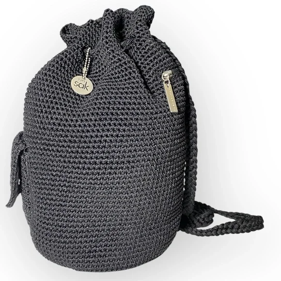 The Sak Black Crochet Drawstring Backpack BLACK CROCHET SAK STYLE BOHO DRAWSTRING BACKPACK STYLE PURSE  main image 3